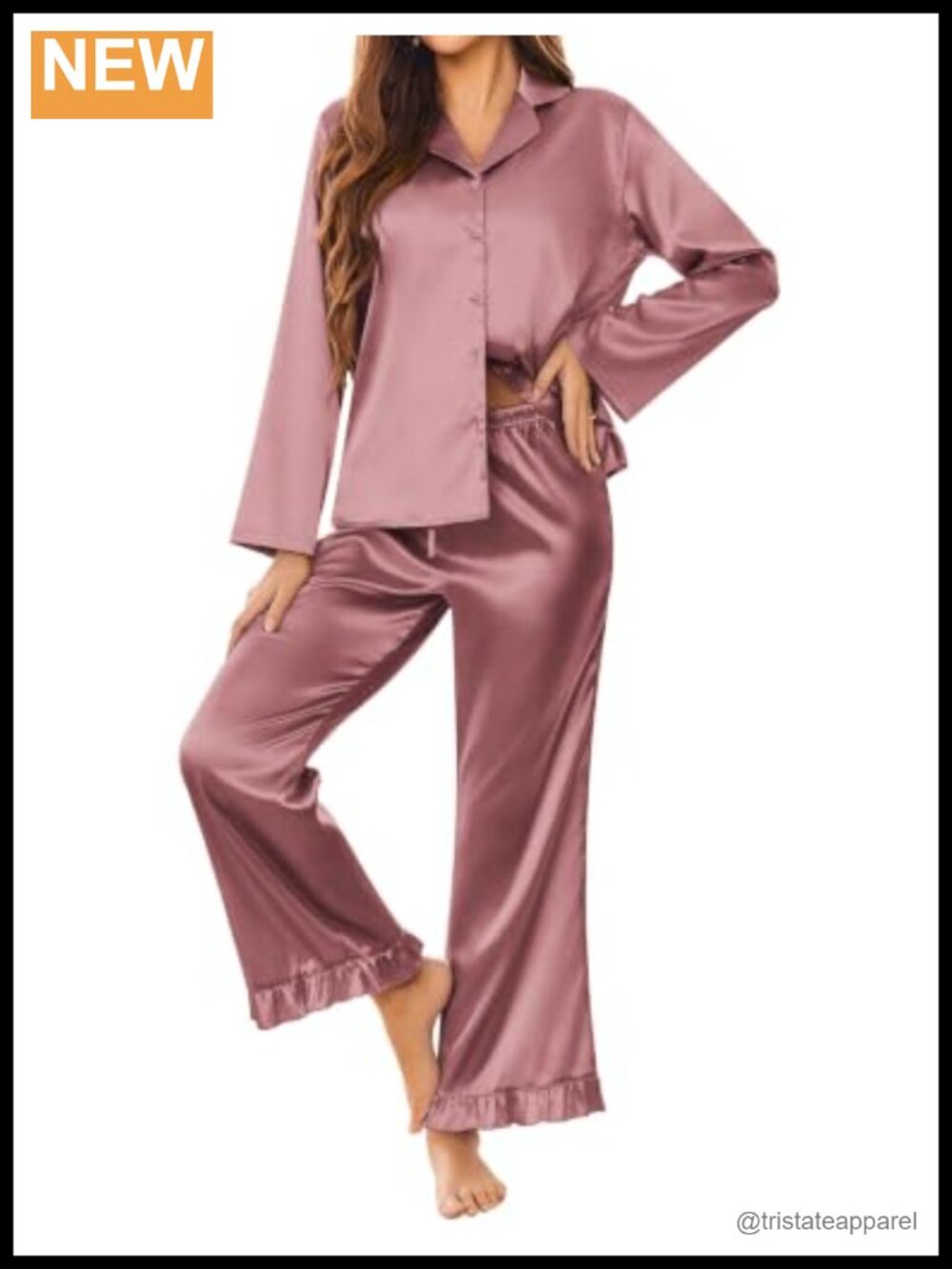 Satin Pajama Set Long Sleeve Button Down Ruffle Sleepwear